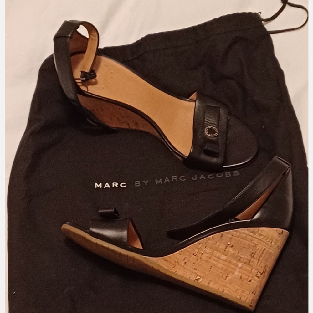 Marc by Marc Jacobs Black and Tan Wedge Sandals